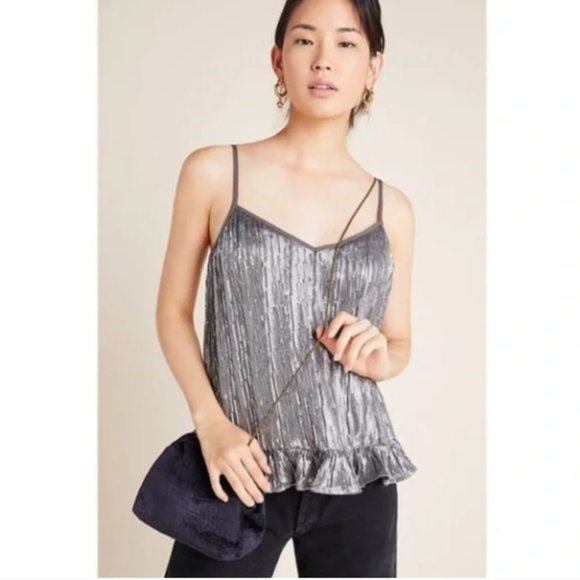 Anthropologie Sequin Cami Amelie Metallic Silver SZ 12 NWT - Picture 7 of 15